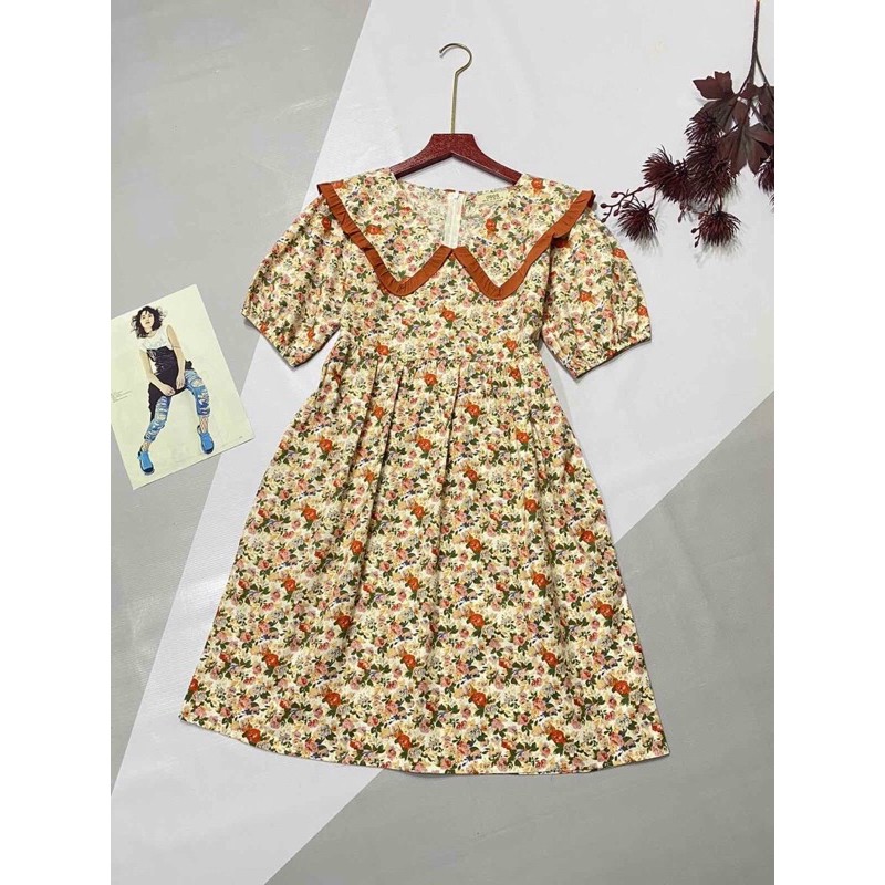 Đầm Liền Tay Ngắn Cổ chữ V Phối Họa Tiết Hoa Nhí Cao Cấp - Chất Liệu Cotton 100% - Váy Lửng Xuất Khẩu | BigBuy360 - bigbuy360.vn