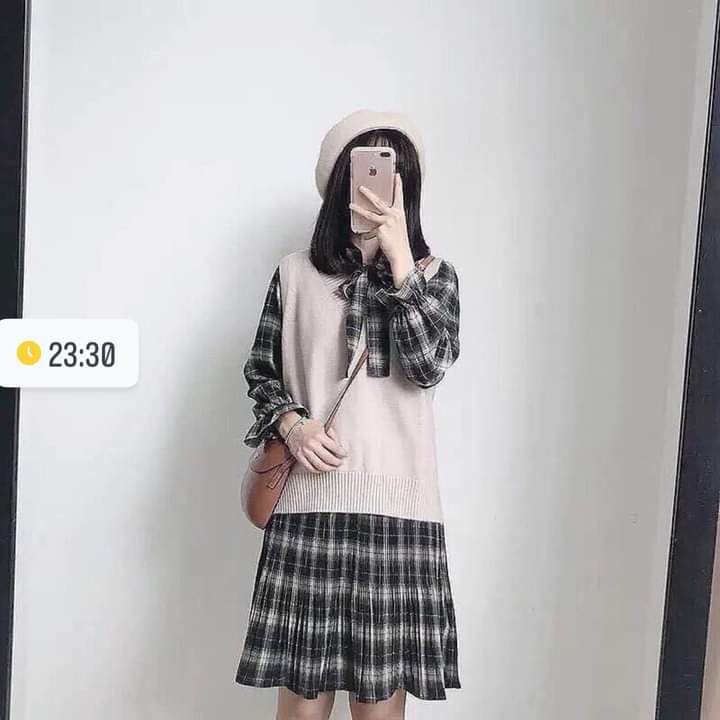 Set váy bánh bèo kẻ caro Hàn Quốc