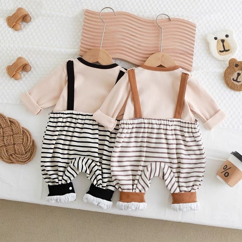 Bộ Áo Liền Quần Tay Dài + 1 Dây Đeo In Họa Tiết Sọc Dễ Thương Thời Trang Mùa Đông Cho Bé Sơ Sinh