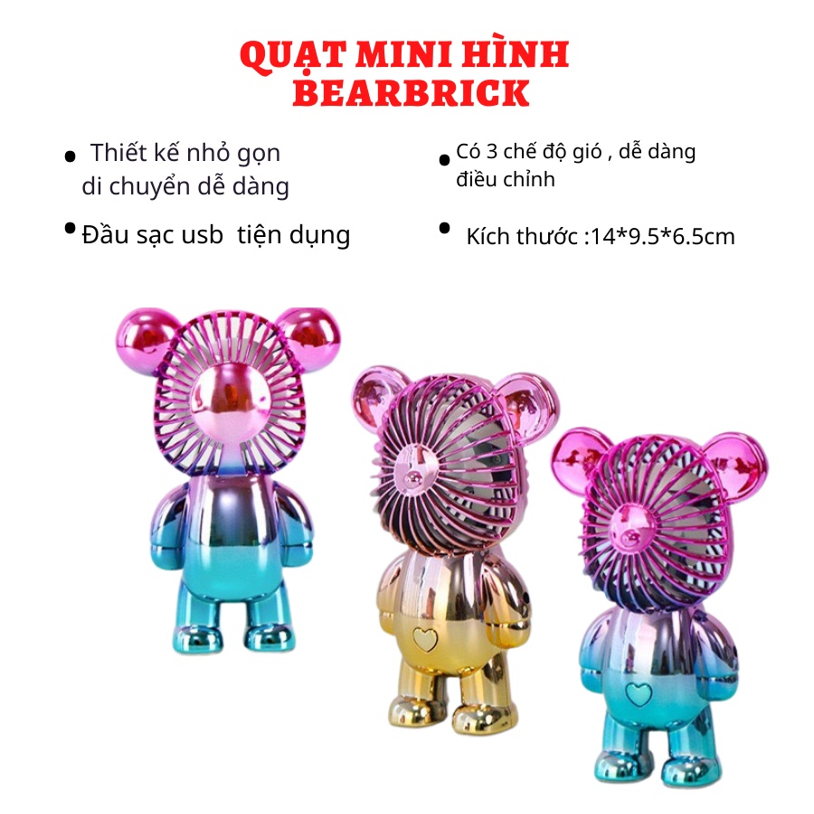 Quạt mini cầm tay, quạt Gấu Bearbink nhiều màu sắc hot trend tích điện sạc pin USB