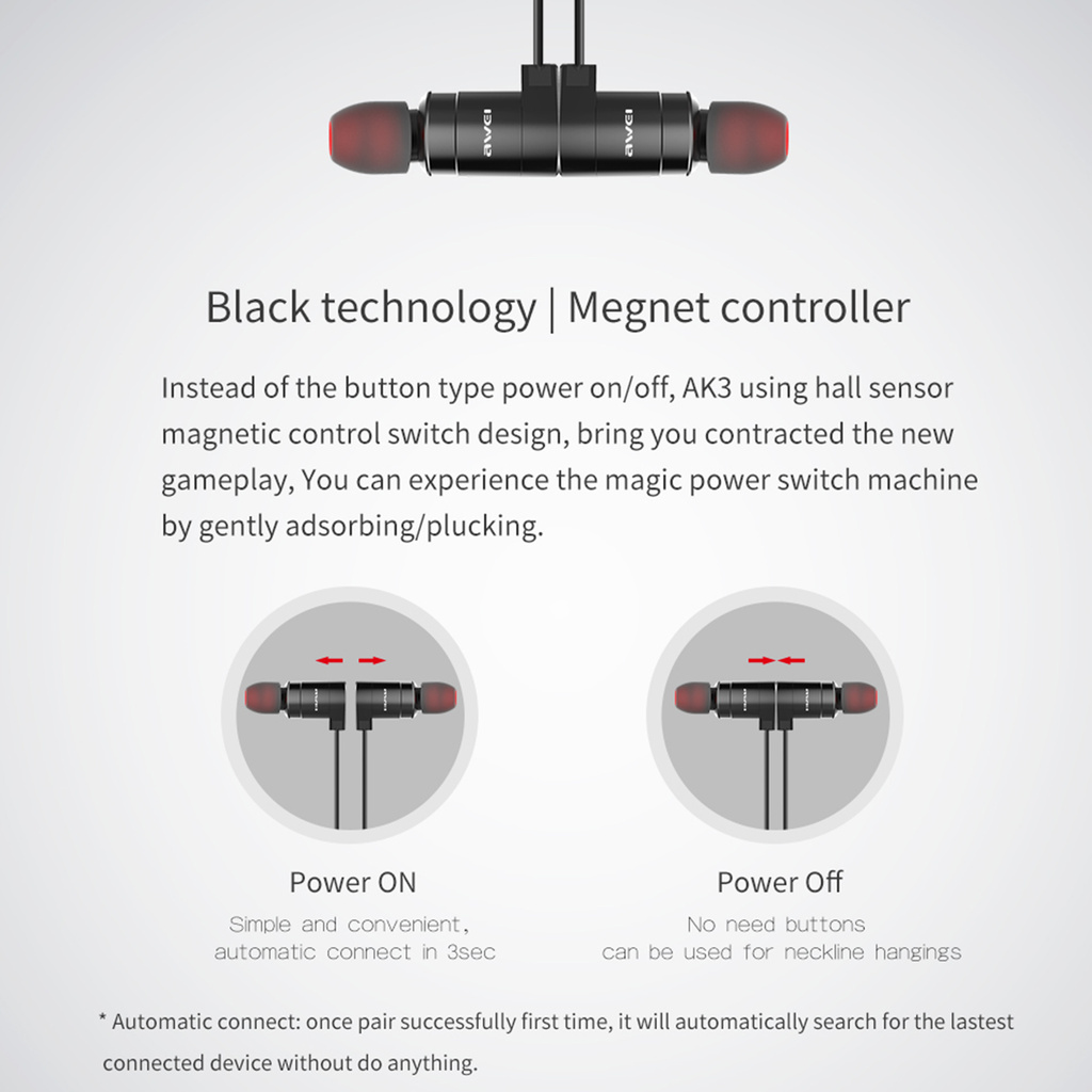 Tai Nghe Nhét Tai Awei Ak3 Kết Nối Bluetooth Chống Thấm Nước Có Nam Châm Hít Cho Điện Thoại