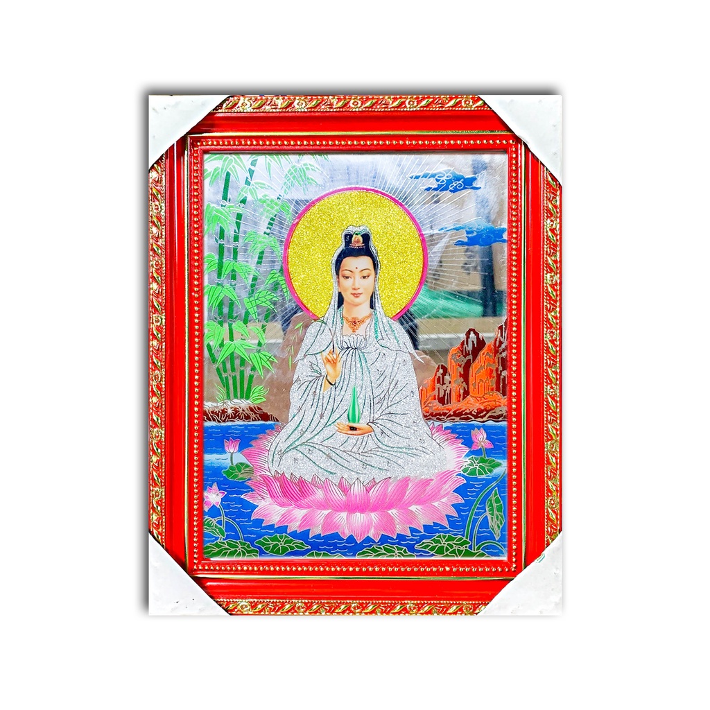 Tranh Kiếng Quan Âm ngồi đài sen - có hầu và không hầu - Nền Gương - Khung gỗ - cao từ 29cm tới 40cm