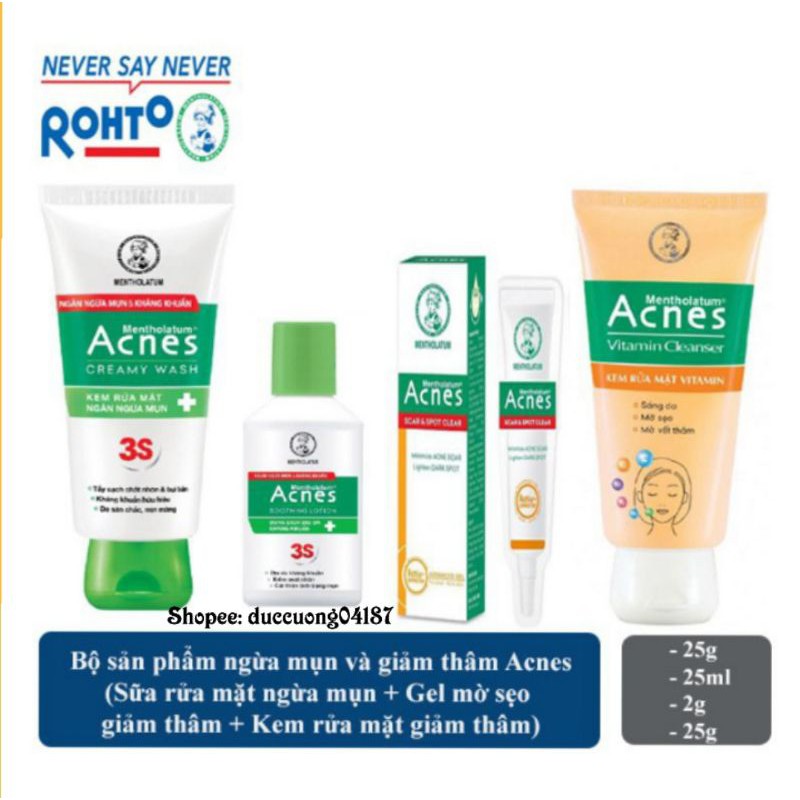 Bộ acnes tri mụn 4 sp giảm mụn mờ thâm sẹo : sữa rửa mặt acnes tri mụn + gel sáng thâm mờ sẹo Acnes + Acnes vitamin...