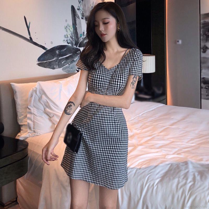 Đầm Midi Cổ Chữ V Họa Tiết Sọc Caro Phong Cách Retro Thời Trang Mùa Hè Cho Nữ