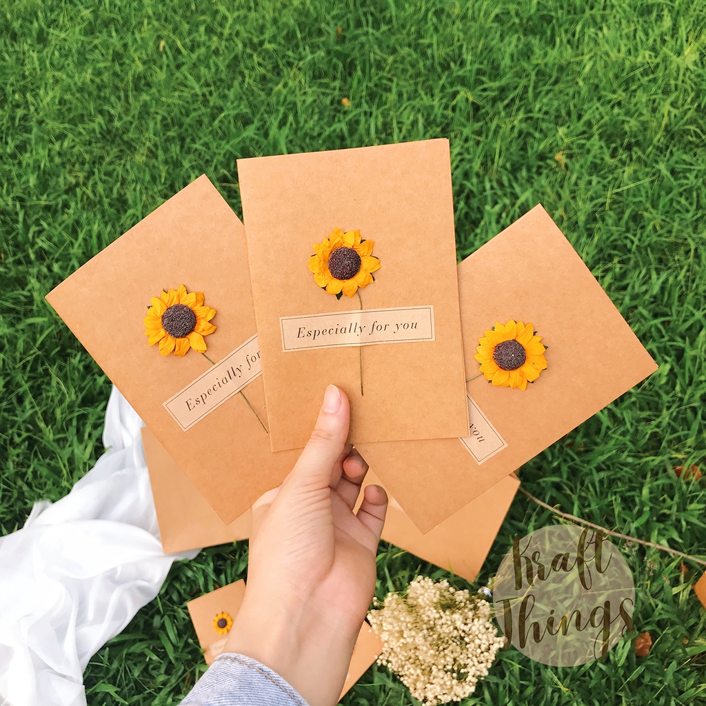 Thiệp giấy kraft Vintage hoa hướng dương - thiệp sinh nhật, chúc mừng giáng sinh