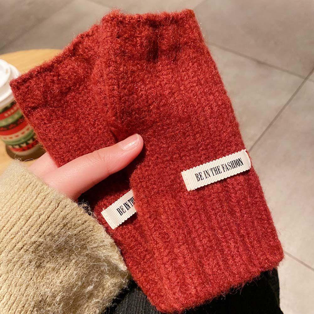 Găng Tay Len Hở Ngón Giữ Ấm Màu Trơn Cho Nữ