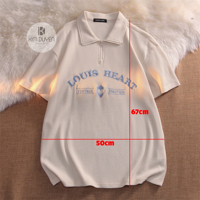 Áo Polo Louis Cổ Bẻ Nữ Chất Thun Tổ Ong Form Rộng Tay Lỡ Thêu Chữ Trái Tim Xanh Kiểu Hàn Quốc Cá Tính Ulzzang