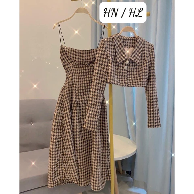 Bộ Váy Dạ Kèm Áo Khoác Croptop Caro, Set Váy Dạ Kèm Khoác Blazer Họa Tiết Caro / Size S-M / Cáo Hồng Shop | BigBuy360 - bigbuy360.vn