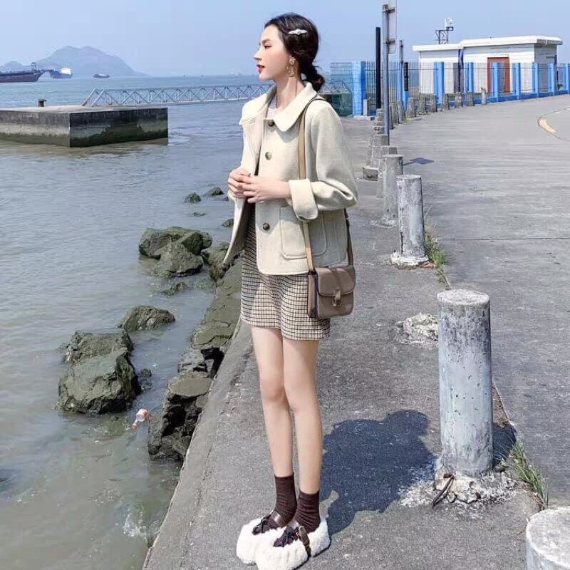 Set khoác dạ mũ mix chân váy kẻ caro “ hình thật đầu tiên””