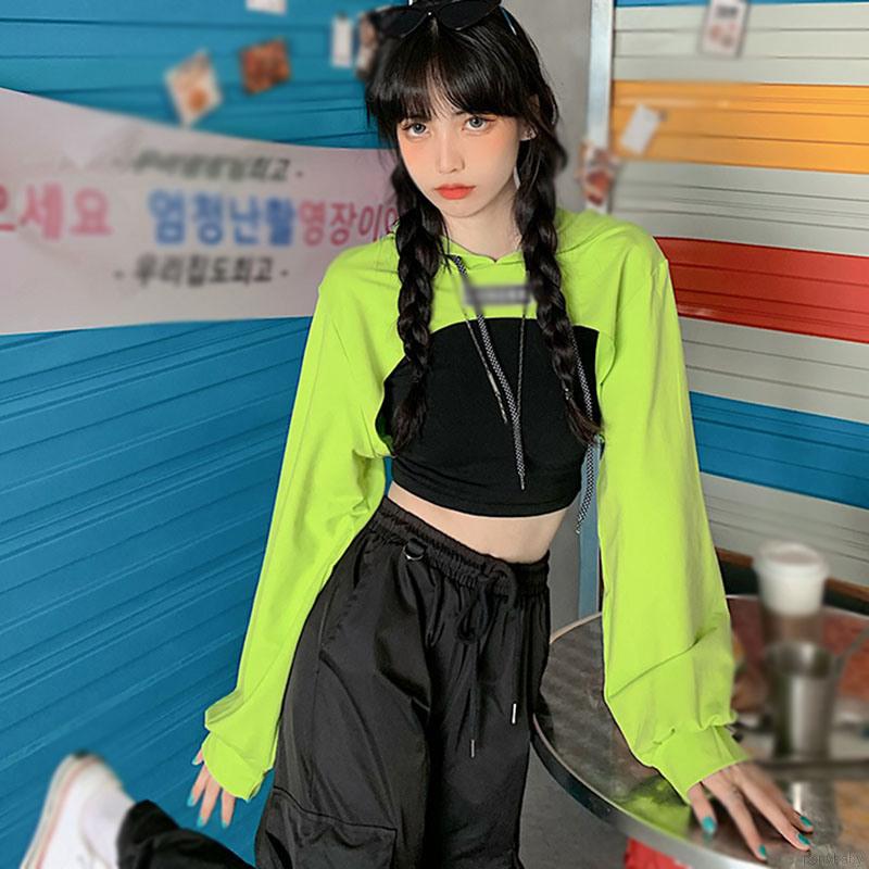 HÀN QUỐC Áo Hoodie Siêu Ngắn Nữ Crop Top Hip-hop Dài Tay Áo