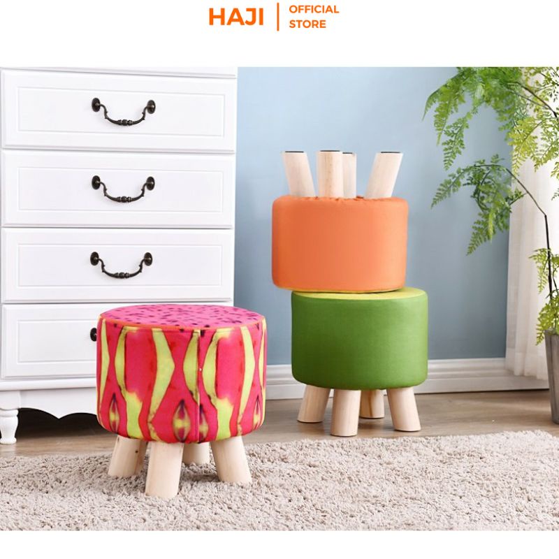 Ghế đôn HAJI chân gỗ sồi chống trầy sàn hoạ tiết trái cây xinh xắn GĐHQ