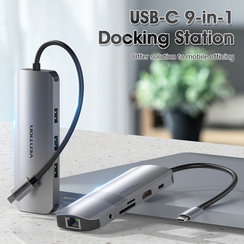 HUB USB C Vention 9 Trong 1 Type C Sang HDMI USB3.0 RJ45 SD TF 3.5mm/PD 100W 10/100/1000Mbps Trạm Nối Cho Laptop