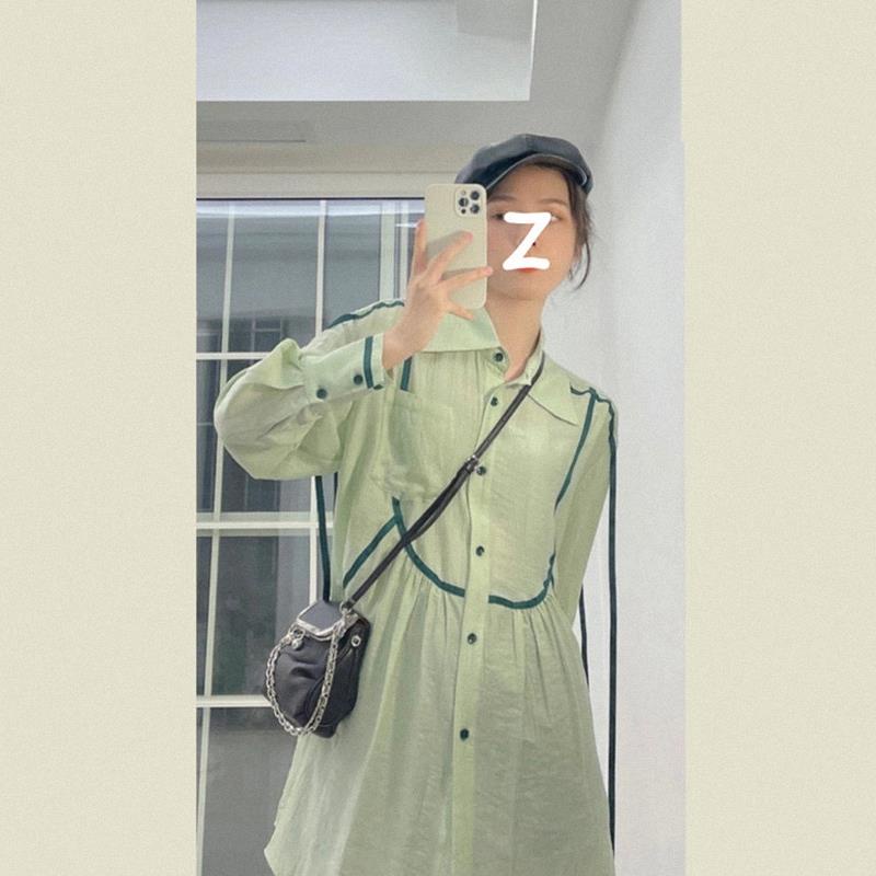 French Green Long Sleeve Dress