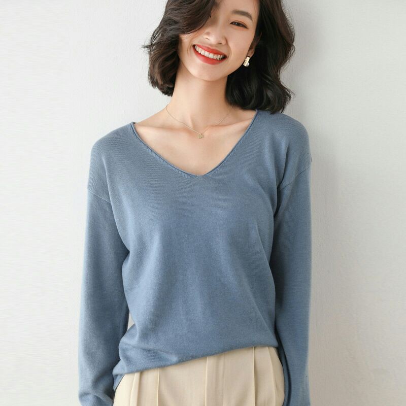 [Sẵn size S tím/sz M/L đen] - 2021 ÁO LEN DỆT KIM CỔ V DÀI TAY DÁNG BASIC