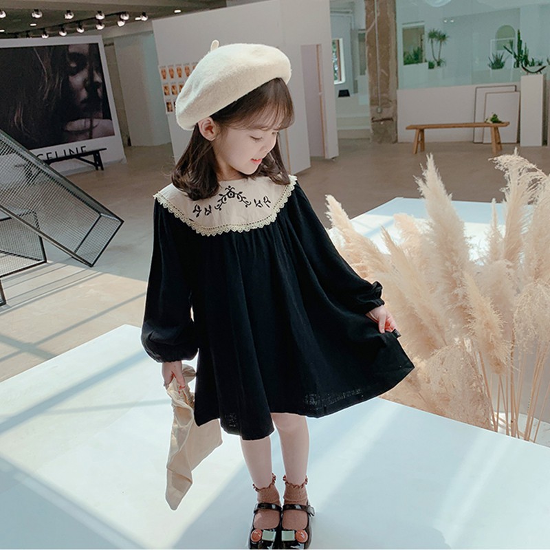 Đầm Công Chúa Cổ Bèo Thêu Hoa Cho Bé Gái