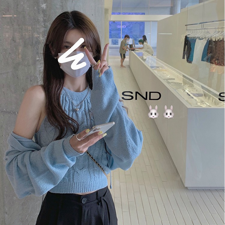 Set áo khoác cardigan dệt kim tay dài màu xanh nhạt chống nắng