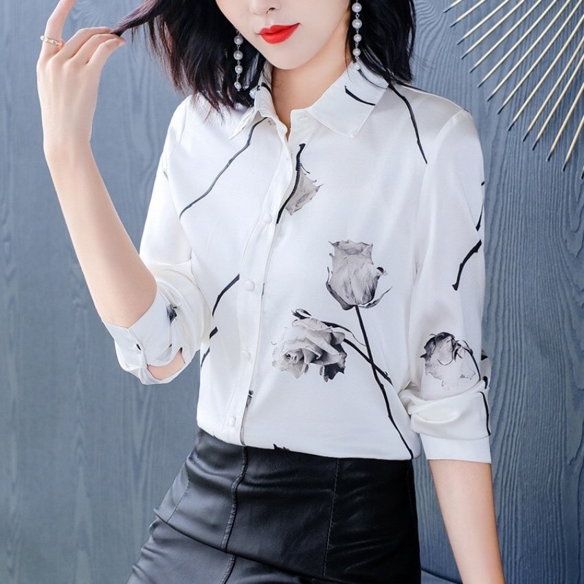 Áo Sơ Mi Công Sở Nữ Dài Tay Phối Họa Tiết Hoa Hồng Chất Liệu Cao Cấp Mềm Mịn Thoáng Mát