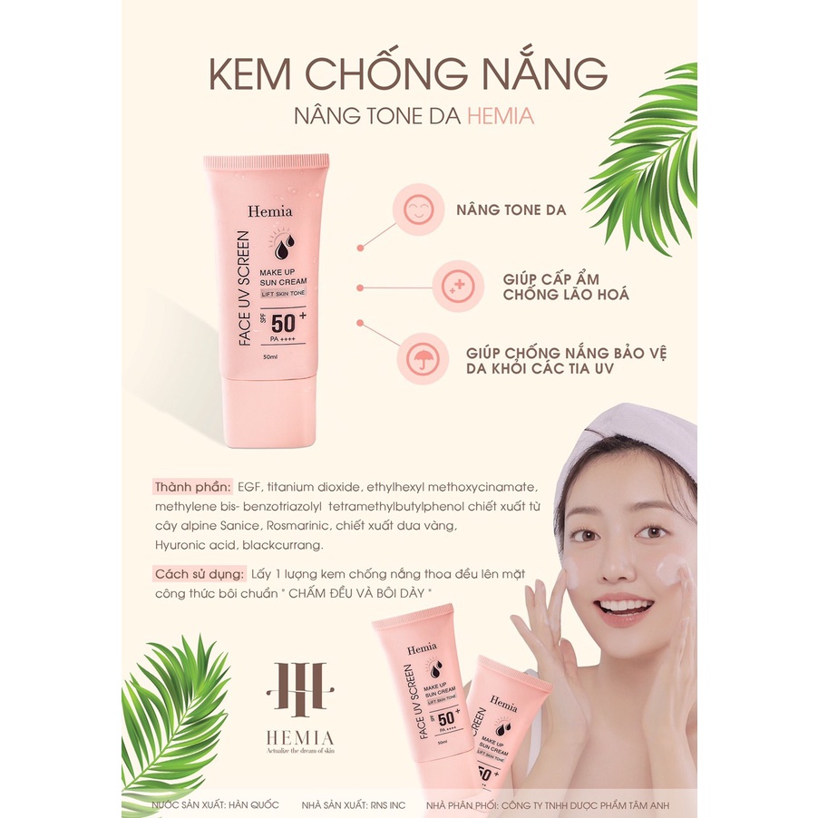 Kem chống nắng Hemia Hàn Quốc dành cho mặt - Dưỡng trắng, kiềm dầu, chống lão hóa bảo vệ da, make up nâng tone da | BigBuy360 - bigbuy360.vn