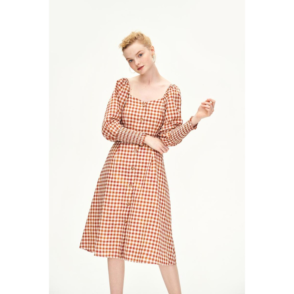 Zara Morocco full tag - Đầm Zara kẻ karo nâu khuy gỗ siêu xịn sò DK6BTG69N9