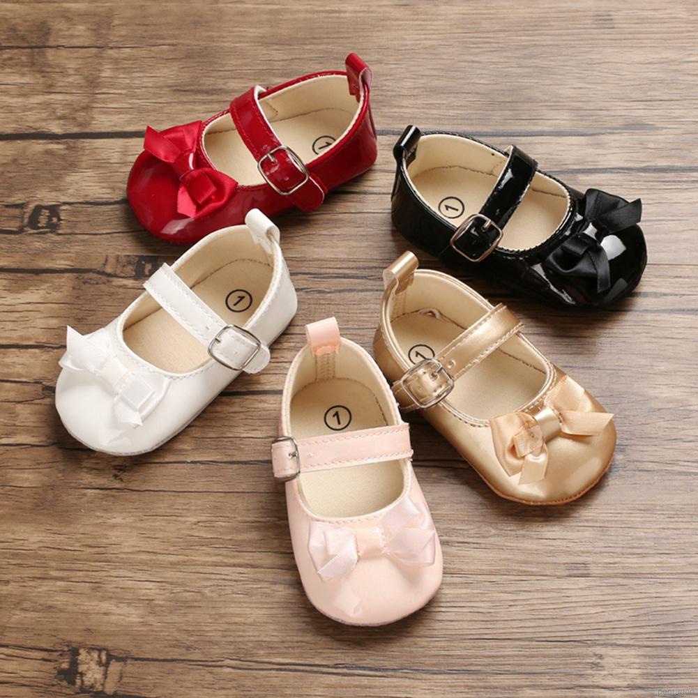 Giày búp bê da PU đính nơ xinh xắn cho bé gái 0-18 tháng tuổi