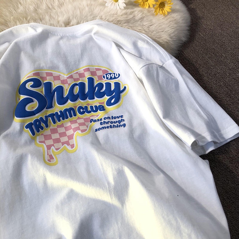 Áo thun tay ngắn dáng rộng in hình trái tim và chữ phong cách hàn quốc thời trang mùa hè cho nam và nữ