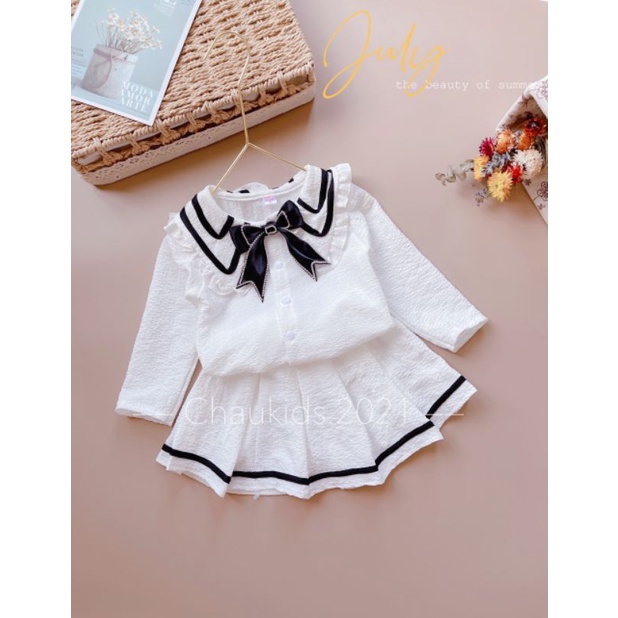 Set Bộ Bé Gái Thanh Lịch 💥 Hottrend Set Áo Vest Cách Điệu Cổ Viền + Chân Váy Xòe Xếp Ly Xinh Xắn (10-23kg)