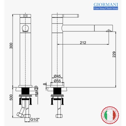 Vòi Lavabo nóng lạnh (Bóng kính, MÀU ĐEN, chân cao) ITALIA GIORMANI hợp kim đồng khối (Kèm dây cấp)