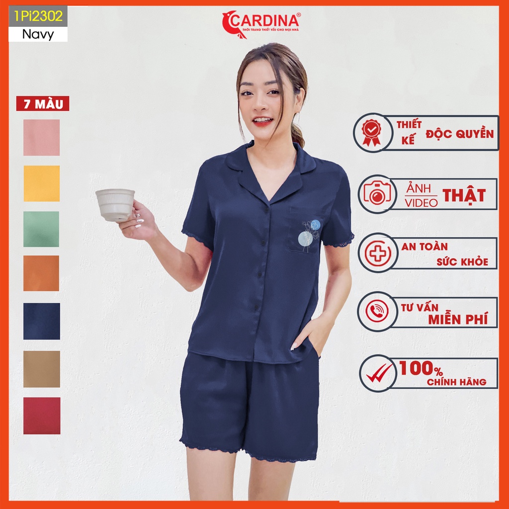 Đồ bộ pijama nữ CARDINA chất lụa satin Nhật cao cấp áo cộc tay quần đùi viền ren mềm mại thoáng mát 1Pi23
