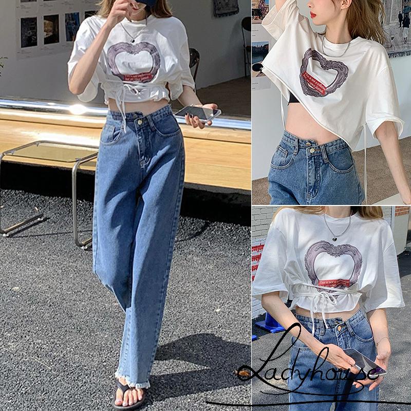 Áo Croptop Cổ Tròn Tay Ngắn In Họa Tiết Trái Tim Thời Trang Mùa Hè Cho Nữ