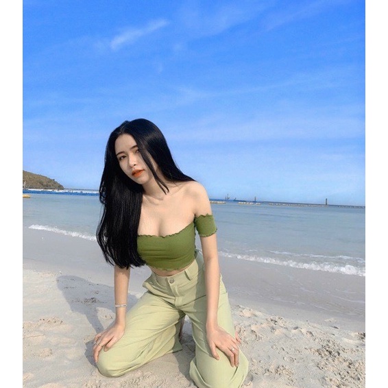 Áo kiểu croptop ống bẹt trễ vai tay đứt viền cuốn biên xinh chất thun gân mịn NU