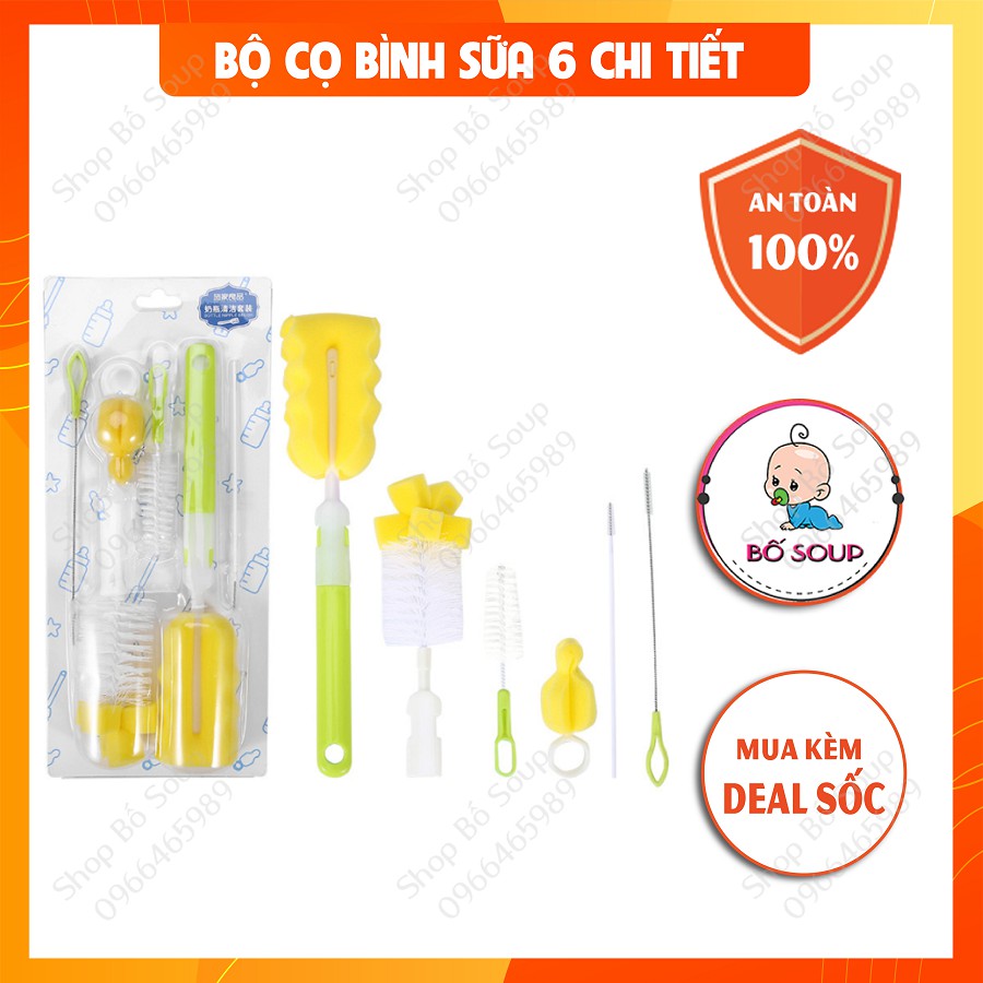 Cọ rửa bình sữa, núm ti, ống hút sữa chất liệu mút xốp 6 chi tiết Shop Bố Soup