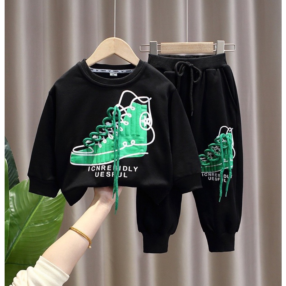 Bộ quần áo bé trai, set bộ quần áo chất cotton QC loại 1 họa tiết chiếc giầy xanh cá tính cho bé