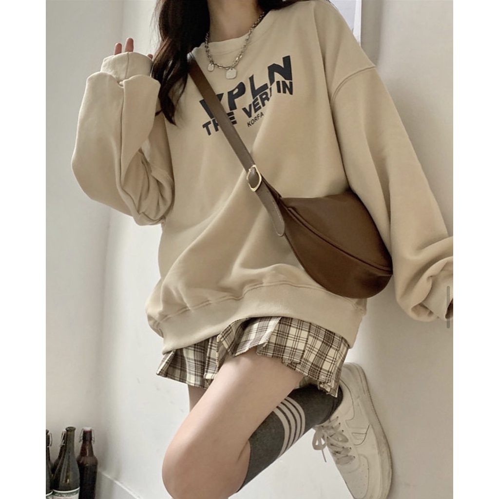 Set áo sweater nỉ chữ mix chân váy xoè caro có lót trong