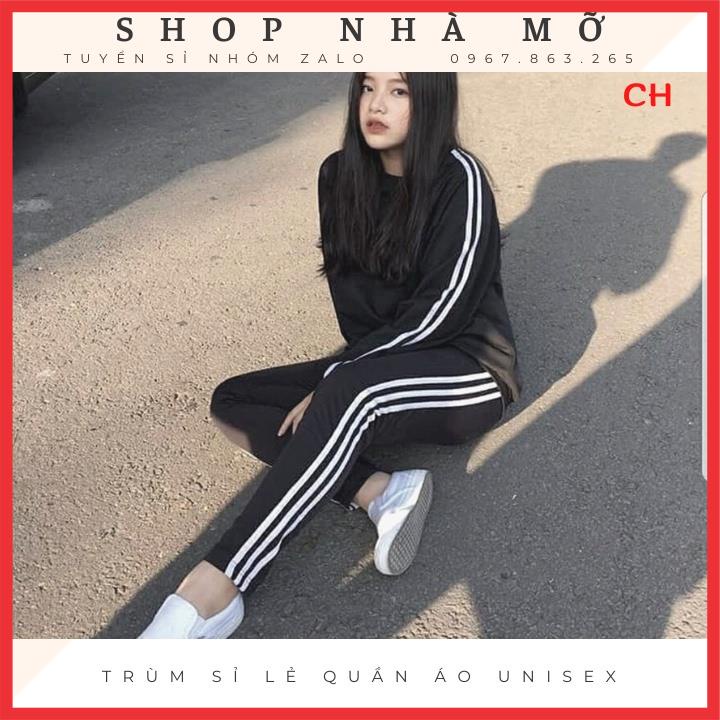 Sét bộ nữ logo gạch ngang ngực  ba sọc siêu hót- áo ba rót siêu hot  quần ba sọc rộng unisex cực kì tôn dáng
