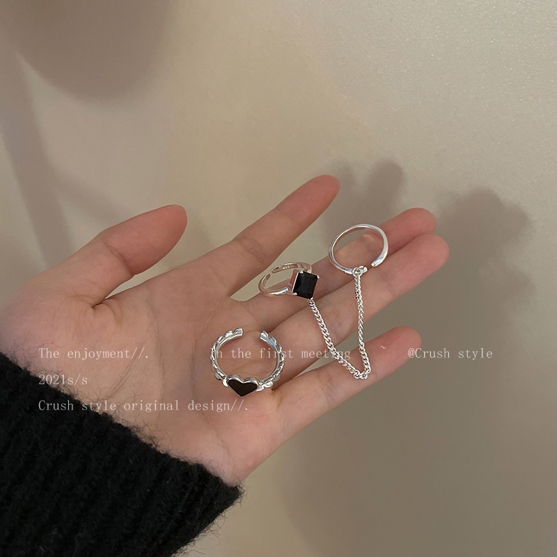 Bộ Nhẫn Hở Đính Đá Pha Lê Đen Phong Cách Cổ Điển