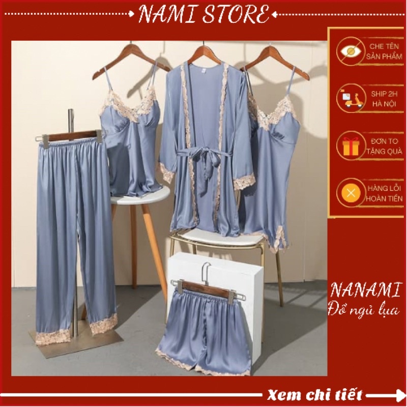 Set đồ ngủ lụa 5 món, bộ ngủ và váy ngủ kèm áo choàng siêu sang cho Nữ(Chất vải lụa mát cao cấp chuẩn hàng Shop bán)