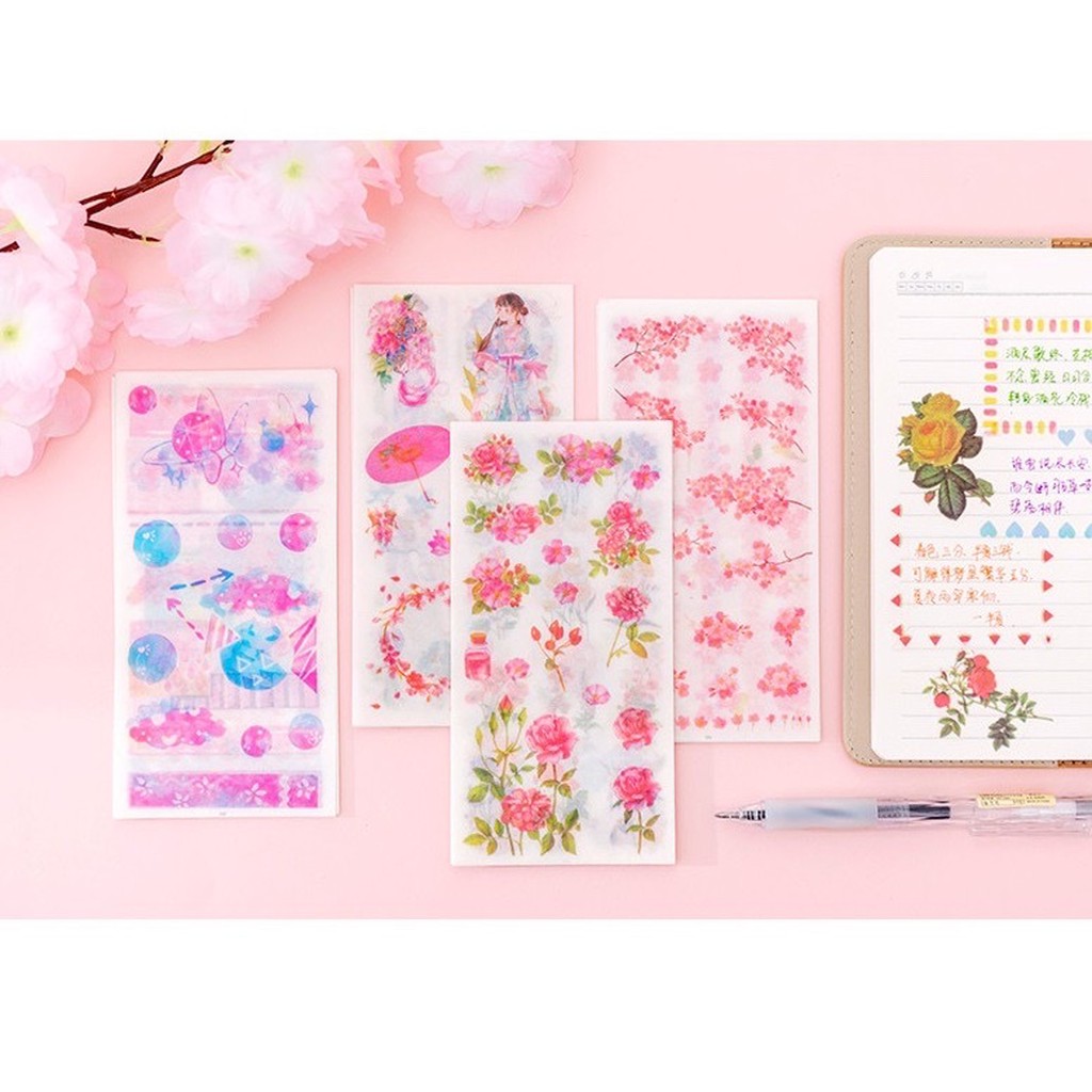 Set 6 Tấm Sticker Dán Vở, Sổ Tay Cô Nhiều Mẫu Chữ, Hoa Lá, Tem, Cô Gái
