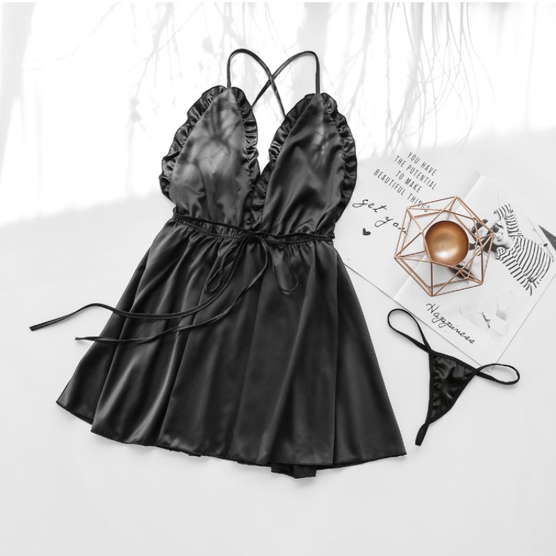 Đầm Ngủ Lụa Phối Ren Cổ Chữ V Gợi Cảm Cho Nữ