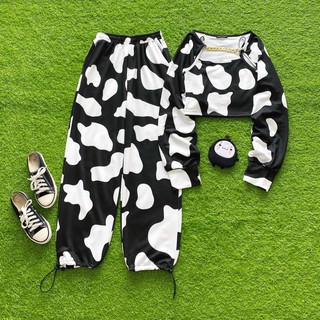 Unisex - set quần áo ulzzang - set croptop ulzzang họa tiết bò sữa + quần bo ống ulzzang - quần họa tiết bò sữa