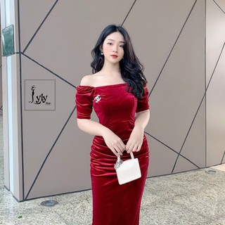 Đầm dự tiệc - Váy công sở nhung ôm cổ vuông body, giấu bụng, co giãn - Lyly shop