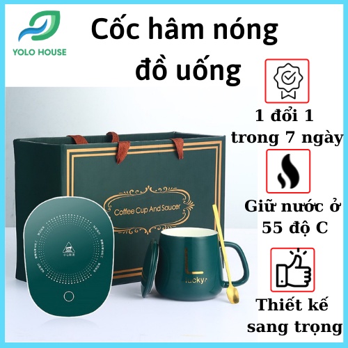 Cốc hâm nóng đồ uống kèm đế điện, cafe + Tặng kèm thìa vàng và hộp sang trọng, Bộ ly sứ hâm nóng trà, hâm sữa