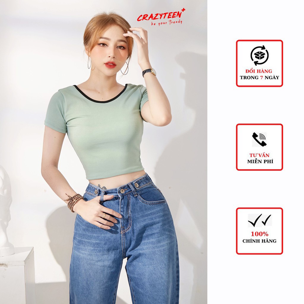 Áo croptop nữ CRAZYTEEN thun cổ tròn khoét lưng AT0130