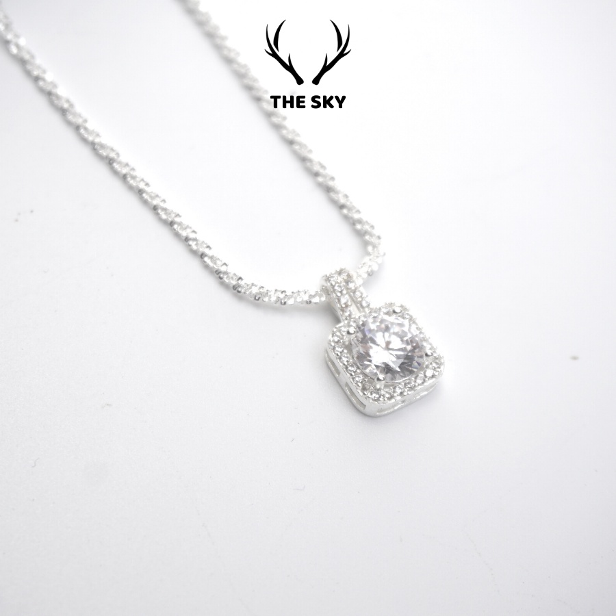 Dây chuyền bạc DC1012 thiết kế dạng xoắn lấp lánh tự nhiên kèm mặt vuông đính đá nổi bật, vòng cổ nữ THE SKY hot trend