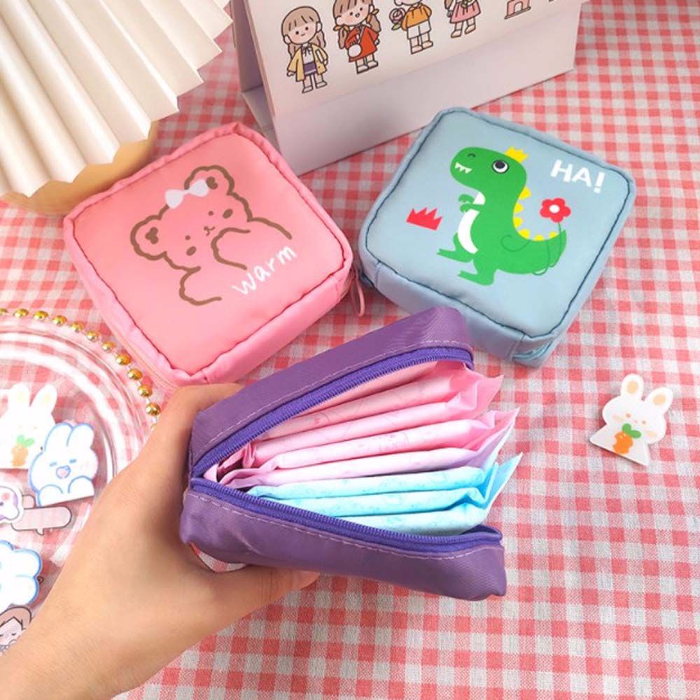 Túi đựng băng vệ sinh/mỹ phẩm mini in hình khủng long/mèo dễ thương nhiều màu sắc