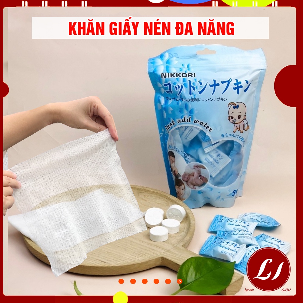 Túi 50 Khăn GIẤY NÉN đa năng Nhật Bản tiện lợi, an toàn