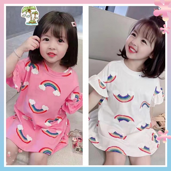 ✨✨Đầm Thun T-Shirt Dáng Dài Trung Bình In Hình Cầu Vồng Dễ Thương Phong Cách Hàn Quốc Thời Trang Mùa Hè Dành Cho Bé Gái 2021