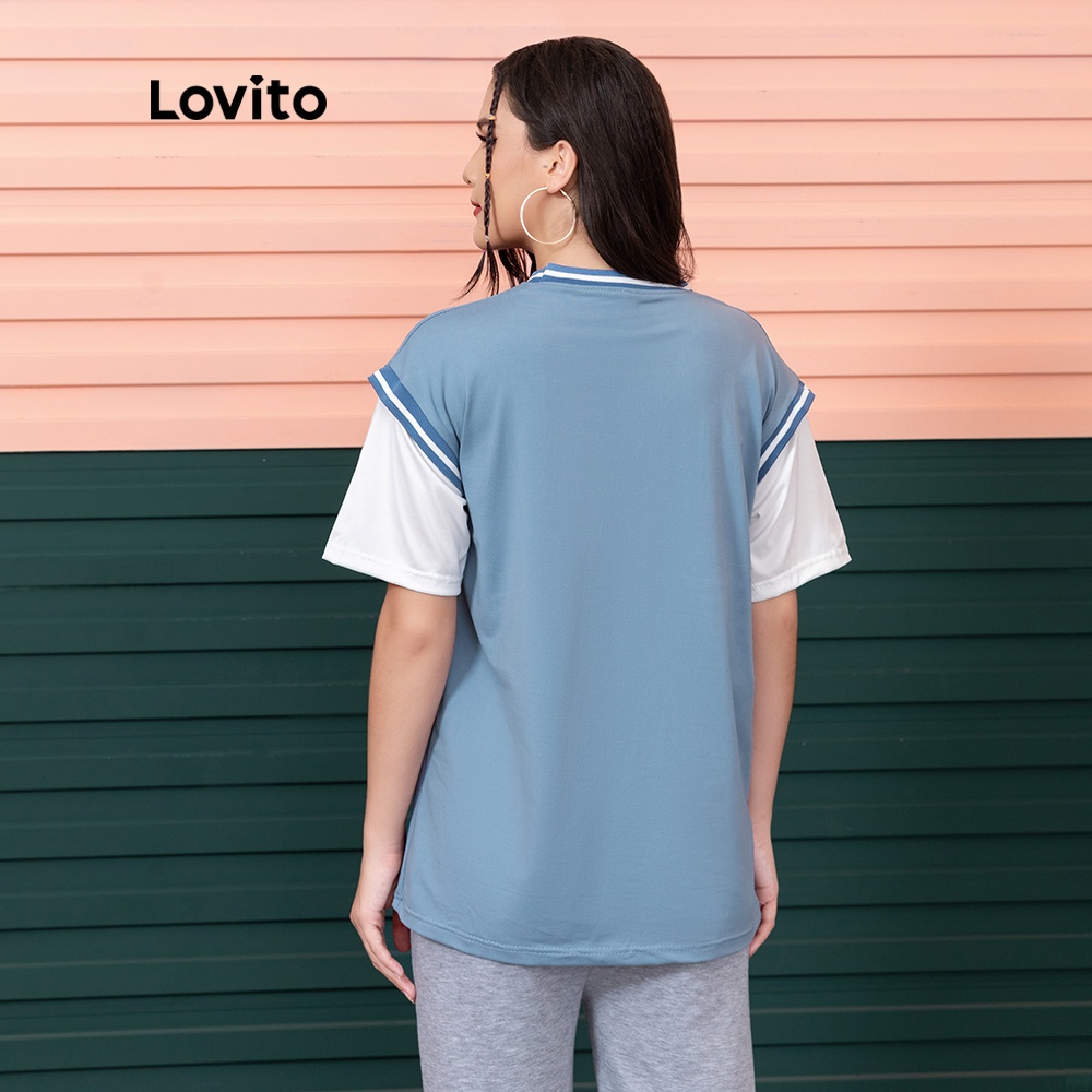 Áo Thun Lovito In Chữ Phong Cách Thể Thao 2 Trong 1 L06036 (Màu Xanh Dương)