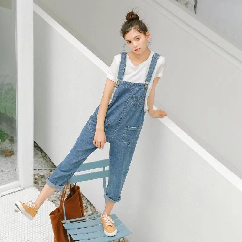 Quần Yếm Jean Lửng Ống Rộng Rách Gối Thời Trang Cho Bé Gái