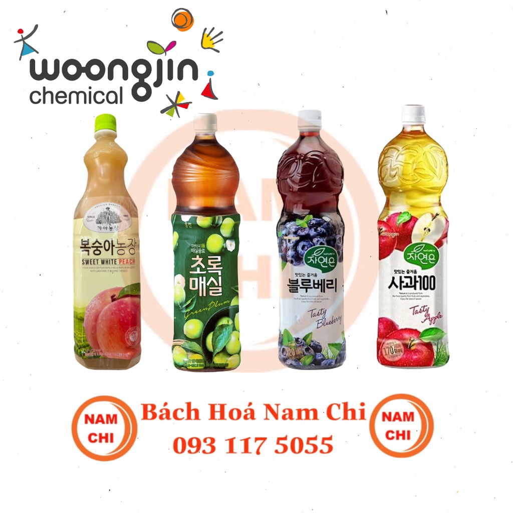 [CHAI 1.5L] Nước Ép Trái Cây Woongjin Chai Lớn 1.5L Ngọt Thanh Có 4 Vị Táo, Đào, Mơ Xanh, Việt Quất