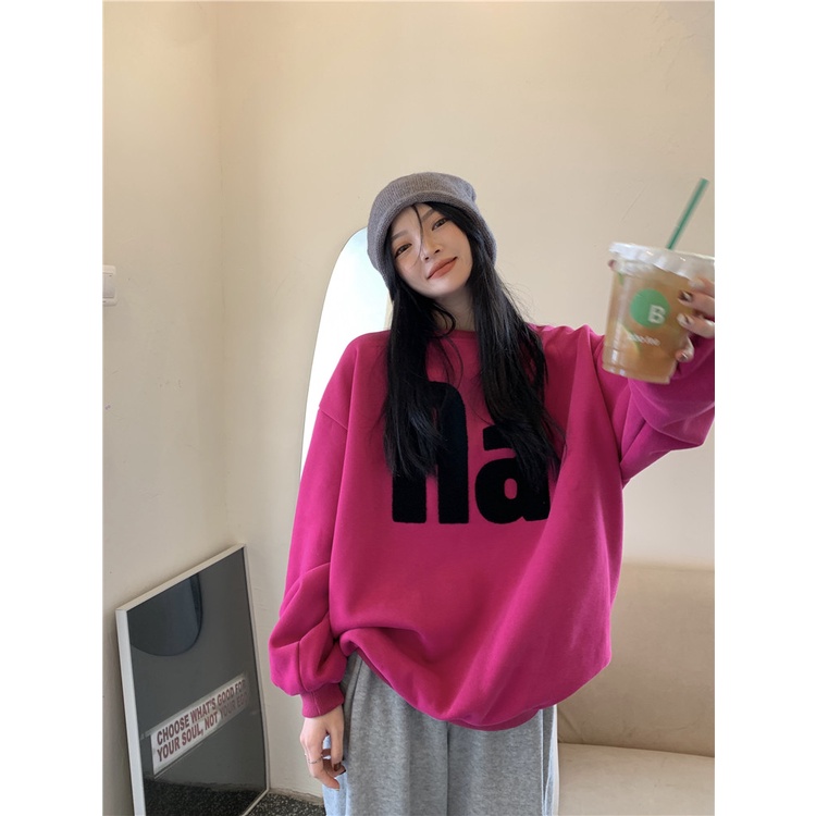 Áo nỉ thêu chữ phong cách đường phố Mỹ thời trang tay dài cổ tròn dáng rộng